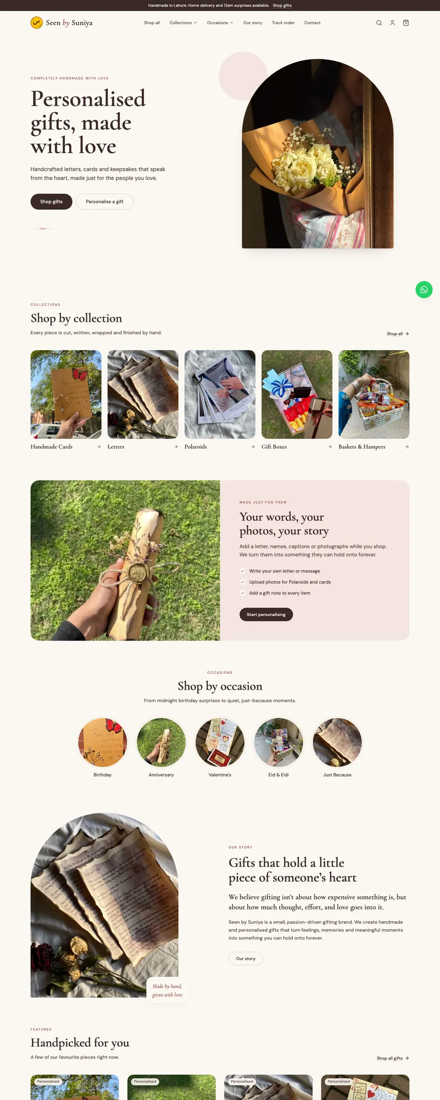 The Seen by Suniya storefront: hero, collections, personalisation and occasions