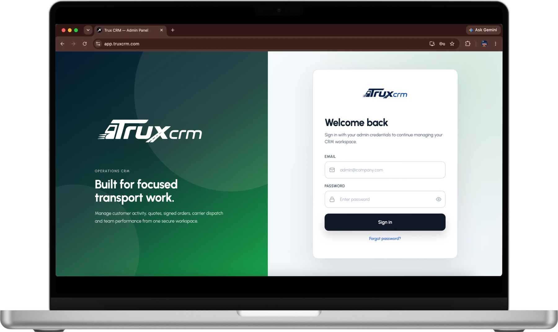 TruxCRM admin panel on a laptop